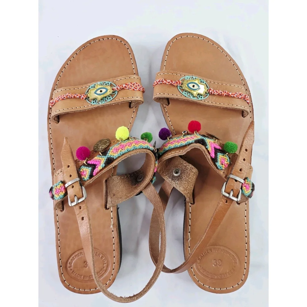 Handmade In Greece Leather Evil Eye Boho Sandals Strappy Carmel Size 9